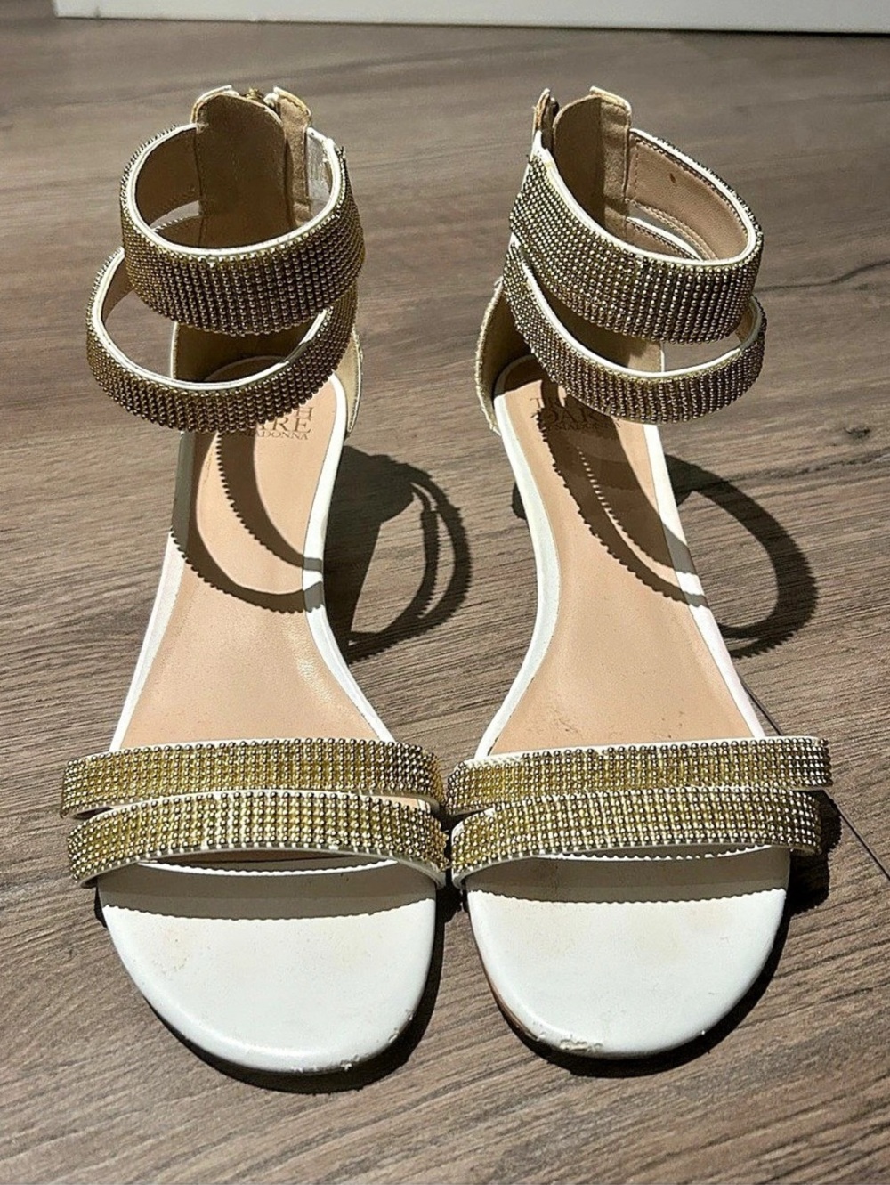 Truth Dare by Madonna Rhinestone Wedge Sandals White & Gold US 8.5